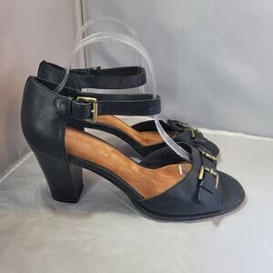 Aerosoles Jay Bird Womens 10 Med Black Leather Ankle Strap Open Toe Block Heels